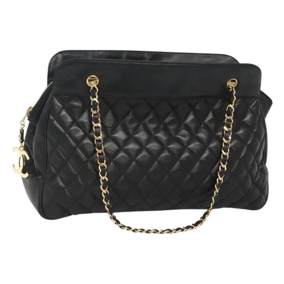 CHANEL Matelasse Chain Shoulder Bag Lamb Skin Black Gold CC - Picture 1 of 14